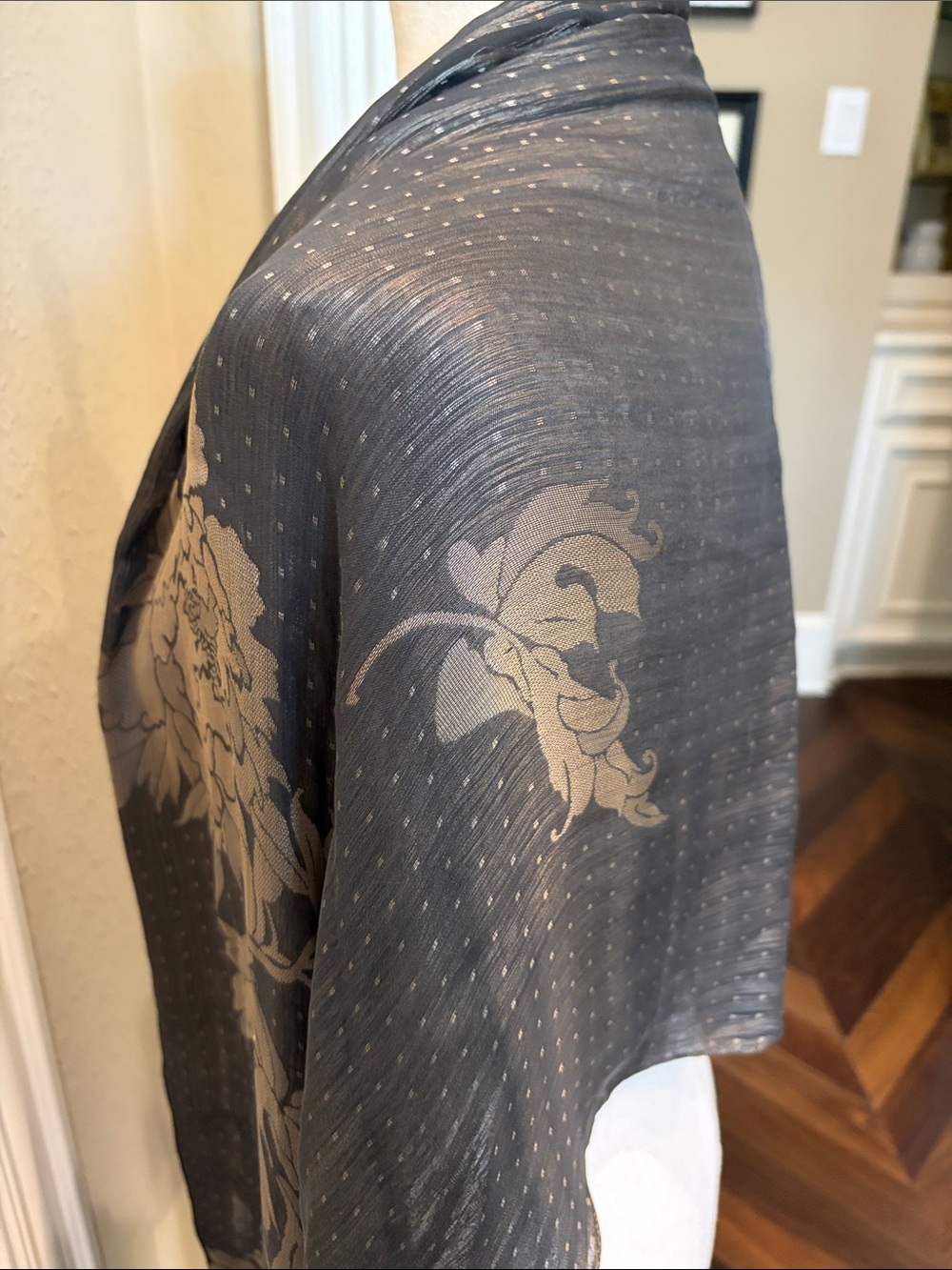 Elegant Oblong Black Floral Sheer Shawl Scarf